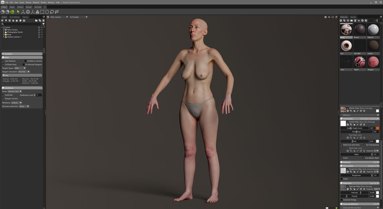 Marmoset Toolbag real-time render of a female 3D body scan with PBR lighting and skin shaders